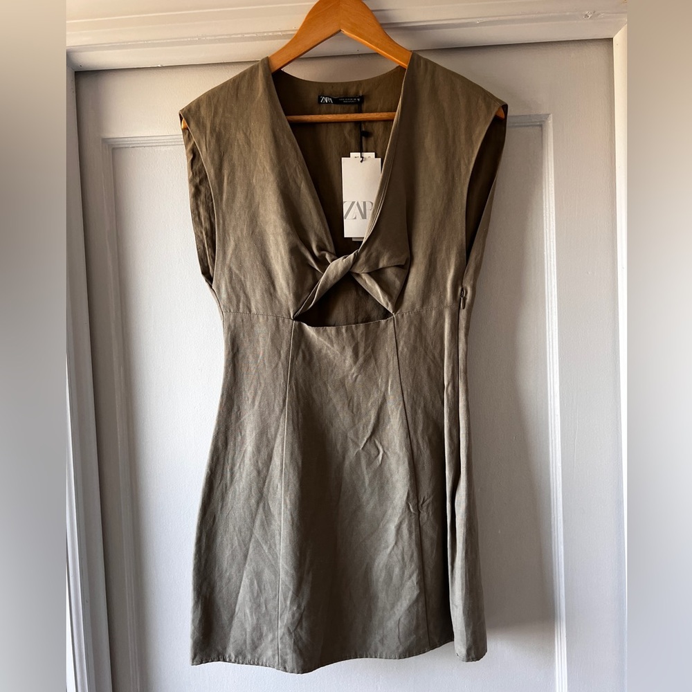NWT Zara Olive/gray cut out Twist-Front Midi Dress